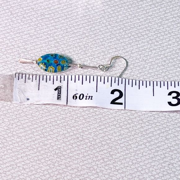 Two Inch Drop Sterling Silver Blue Millefiori Carnaval Earrings 2” Long - Picture 7 of 9